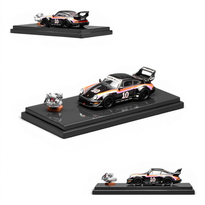 Lot57Supplies Diecast Shop MotorHelix RWB 964 #10 1:64 scale model car with engine replica. Black diecast with orange and pink racing stripes.