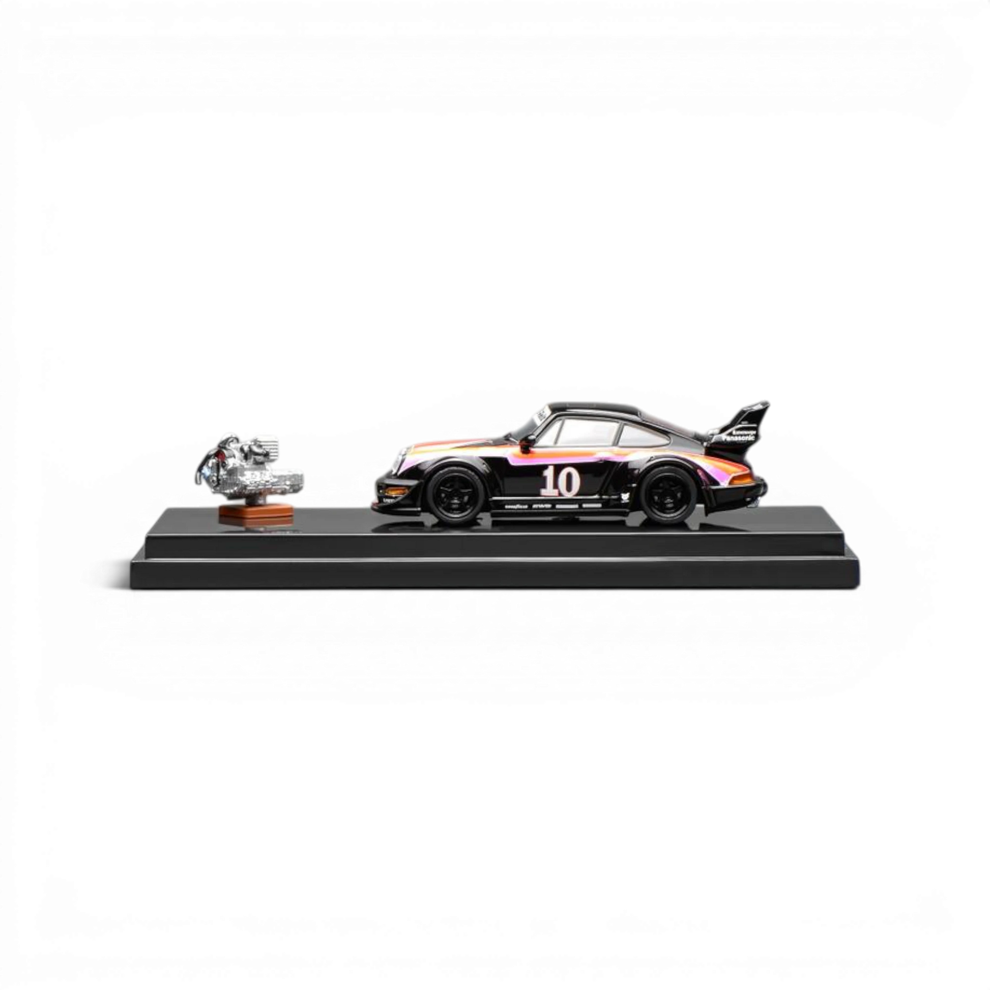 Lot57Supplies Diecast Shop MotorHelix RWB 964 #10 1:64 scale model car with engine replica. Black with orange and purple accents.