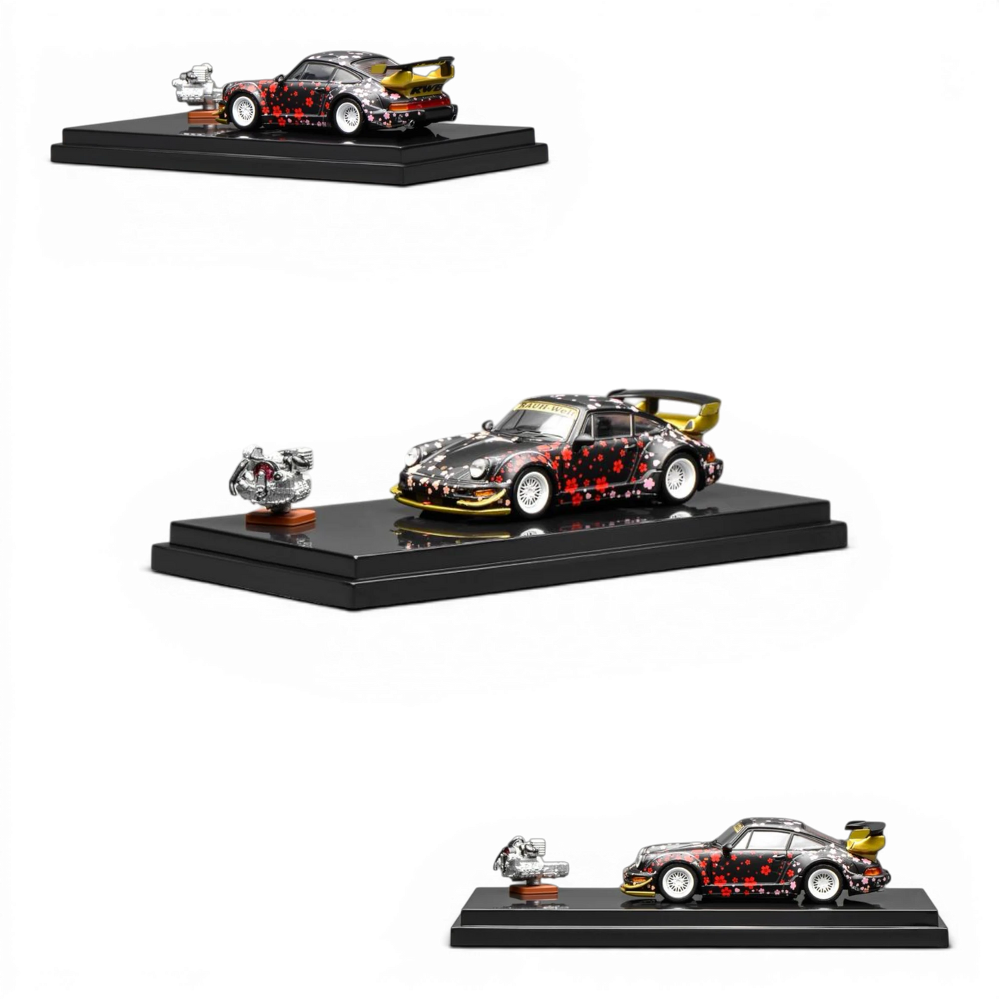 Lot57Supplies Diecast Shop MotorHelix RWB 964 Aoki Sakura 1:64 scale diecast model car with cherry blossom graphics and gold accents.