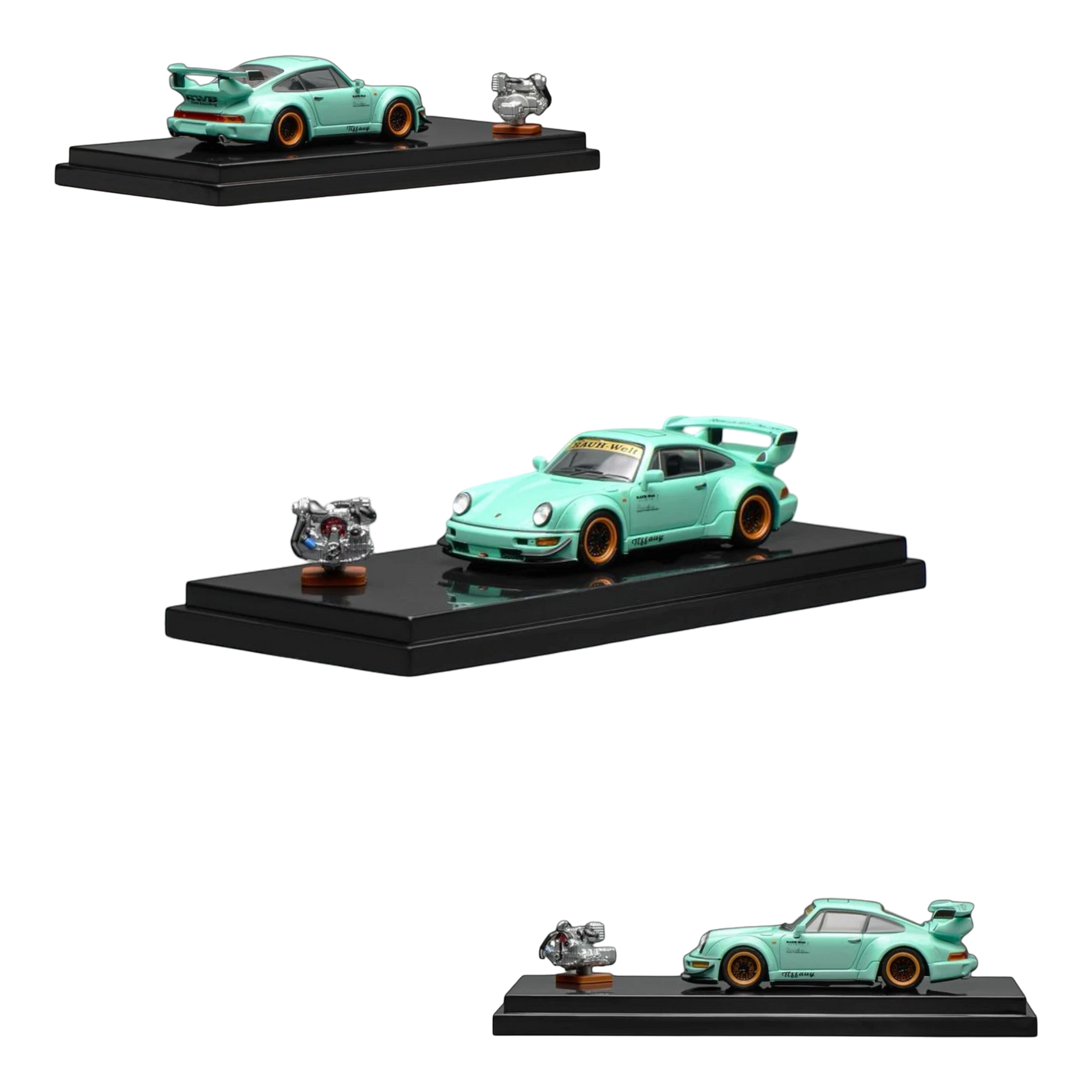 Lot57Supplies Diecast Shop MotorHelix RWB 964 Tiffany 1:64 scale model car with engine replica.