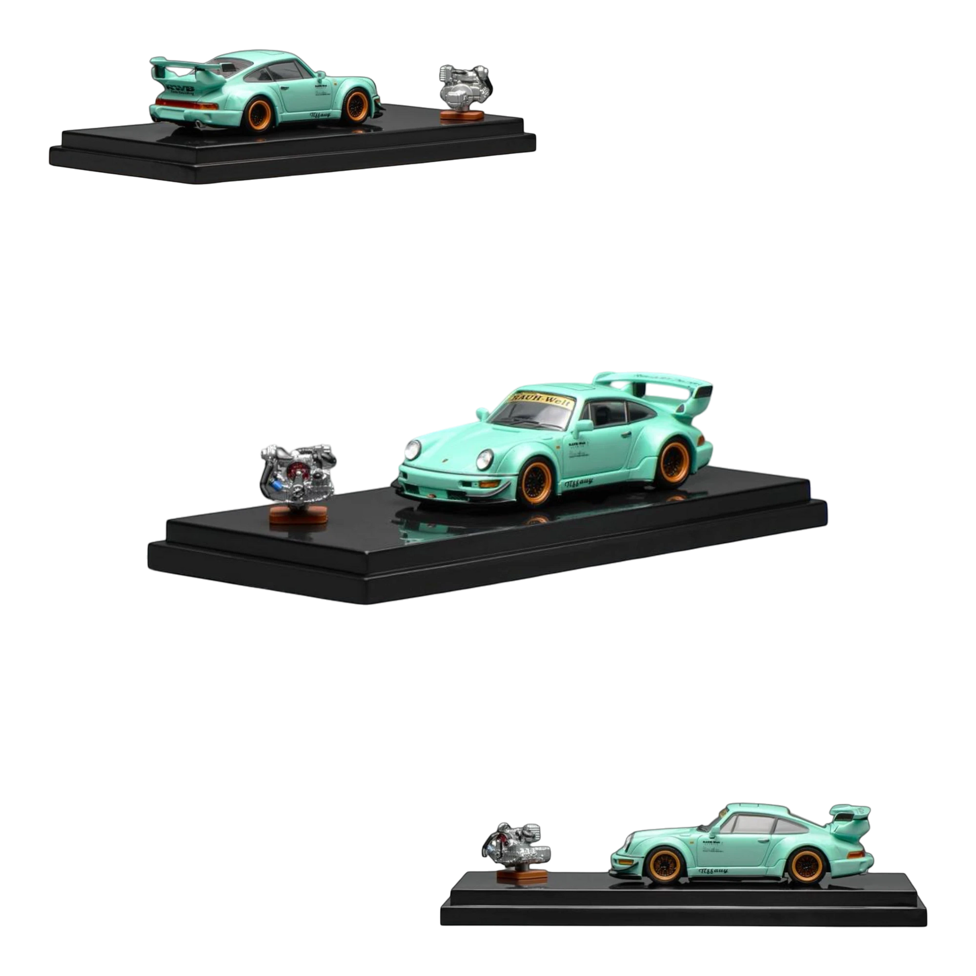 Lot57Supplies Diecast Shop MotorHelix RWB 964 Tiffany 1:64 scale model car with engine replica.