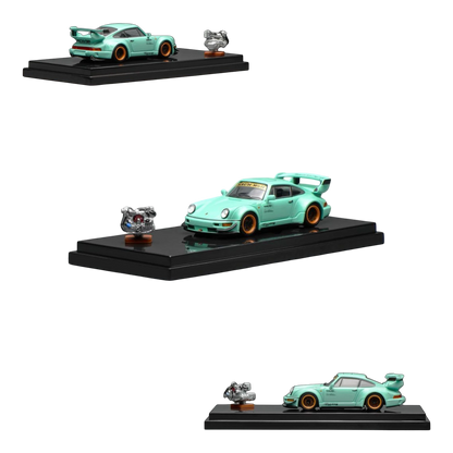 Lot57Supplies Diecast Shop MotorHelix RWB 964 Tiffany 1:64 scale model car with engine replica.