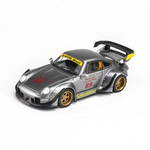 Lot57Supplies Diecast Shop MotorHelix RWB 993 diecast model car in gun grey with gold wheels and racing decals