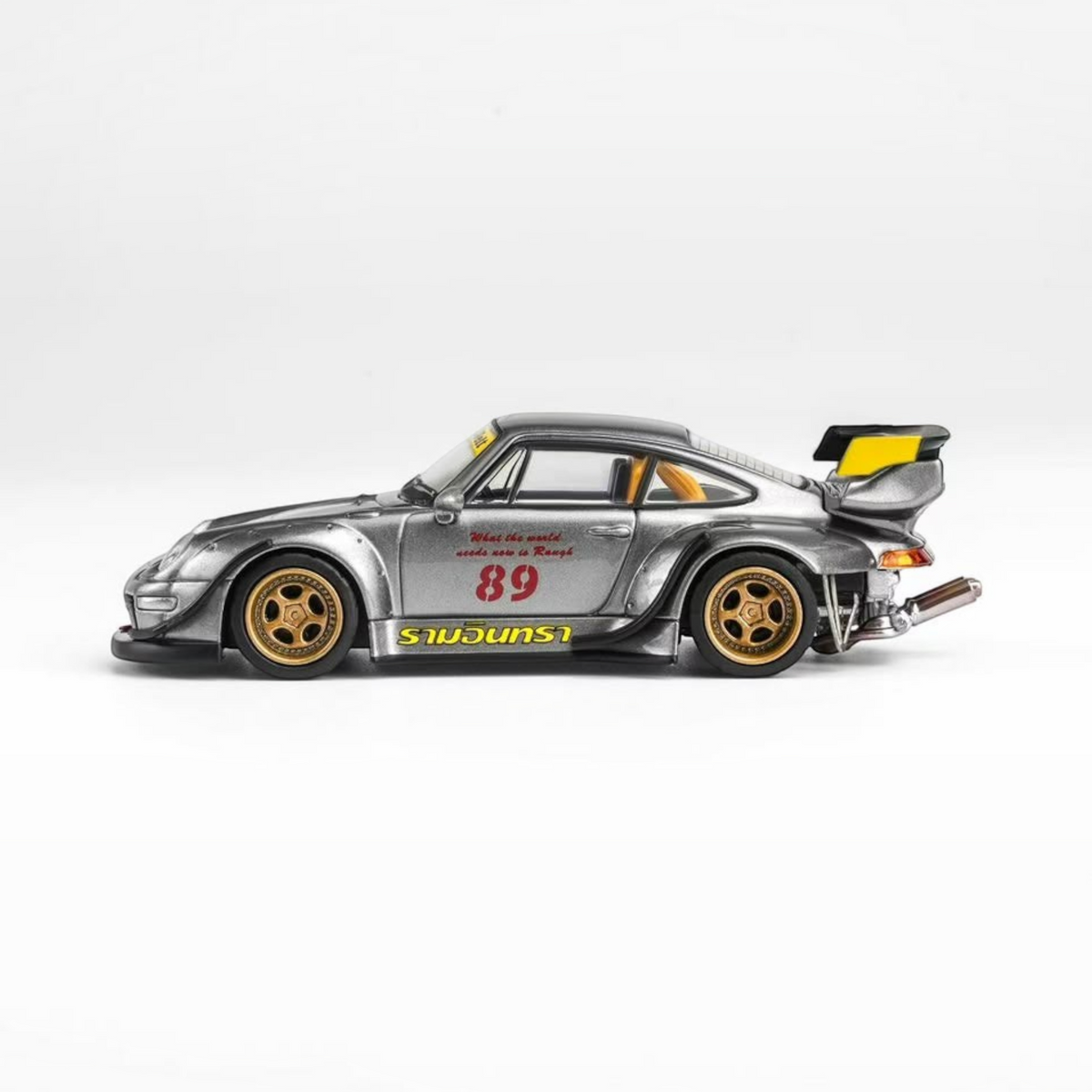 Lot57Supplies Diecast Shop MotorHelix RWB 993 diecast model car in gun grey with gold wheels and racing decals