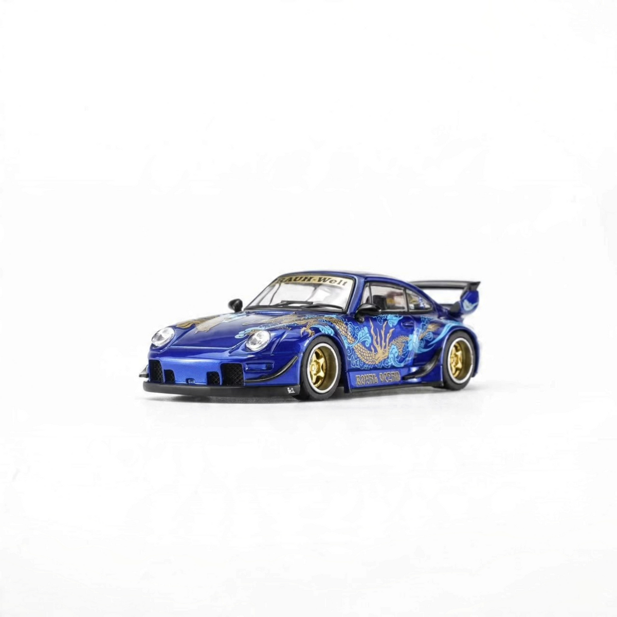 Lot57Supplies Diecast Shop MOTORHELIX RWB 993 Royal Ocean 1:64 scale diecast model car with intricate gold dragon art.