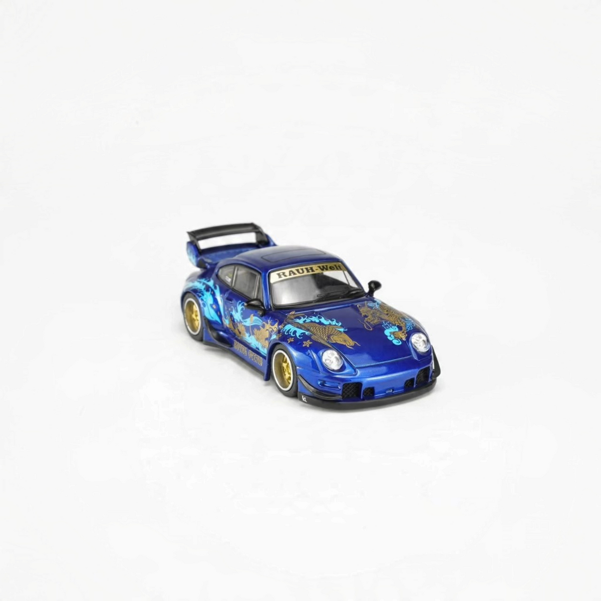 Lot57Supplies Diecast Shop MOTORHELIX RWB 993 diecast model car in Royal Ocean blue with gold koi fish graphics
