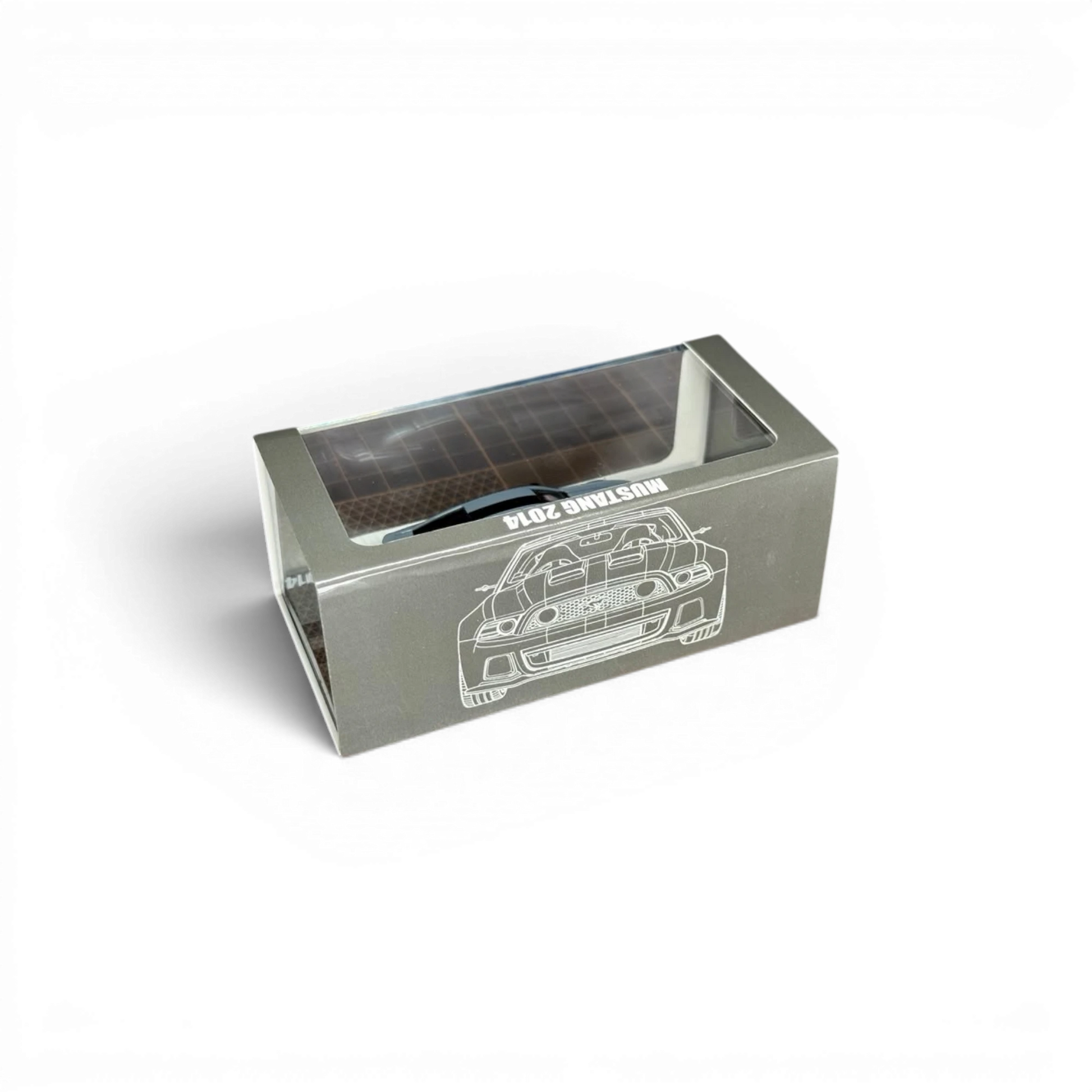 Lot57Supplies Diecast Shop TPC 1:64 scale 2014 Mustang diecast model in cement gray with black stripes in box