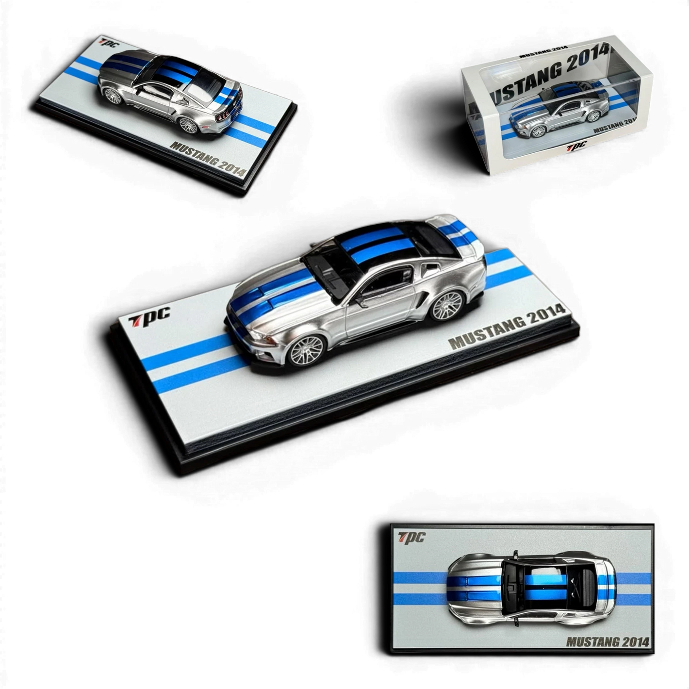 Lot57Supplies Diecast Shop TPC 1:64 scale 2014 Mustang diecast model car in GT silver with blue racing stripes