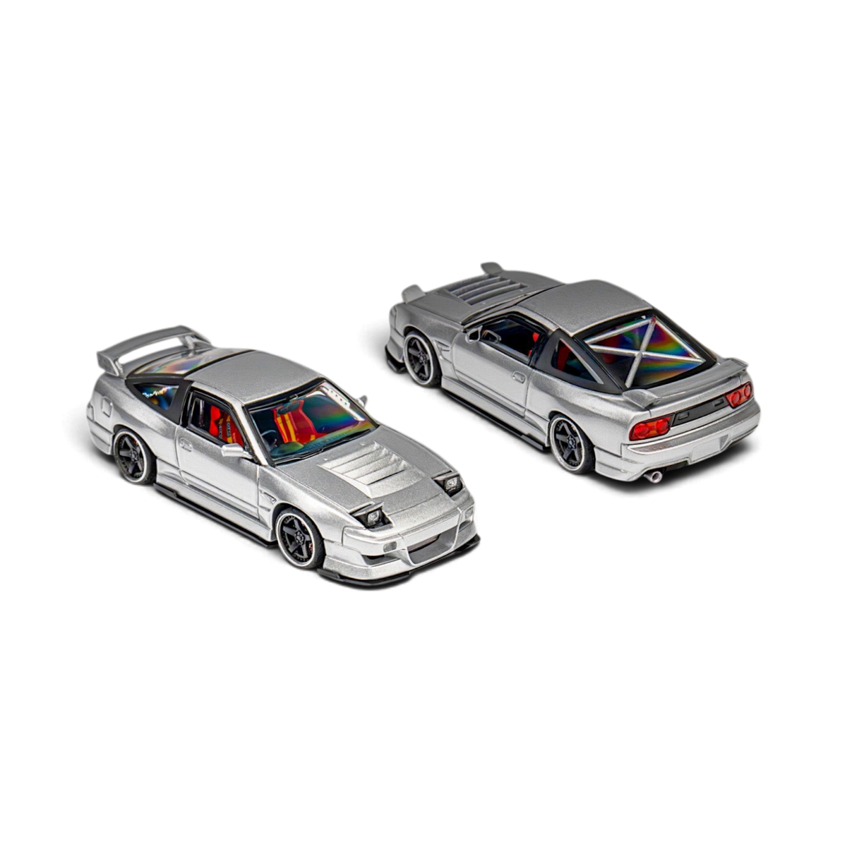 Lot57Supplies Diecast Shop MicroTurbo Nissan 180SX diecast model cars in metallic silver with Rocket Bunny body kit.