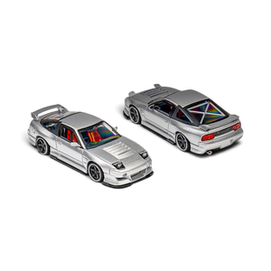 Lot57Supplies Diecast Shop MicroTurbo Nissan 180SX diecast model cars in metallic silver with Rocket Bunny body kit.