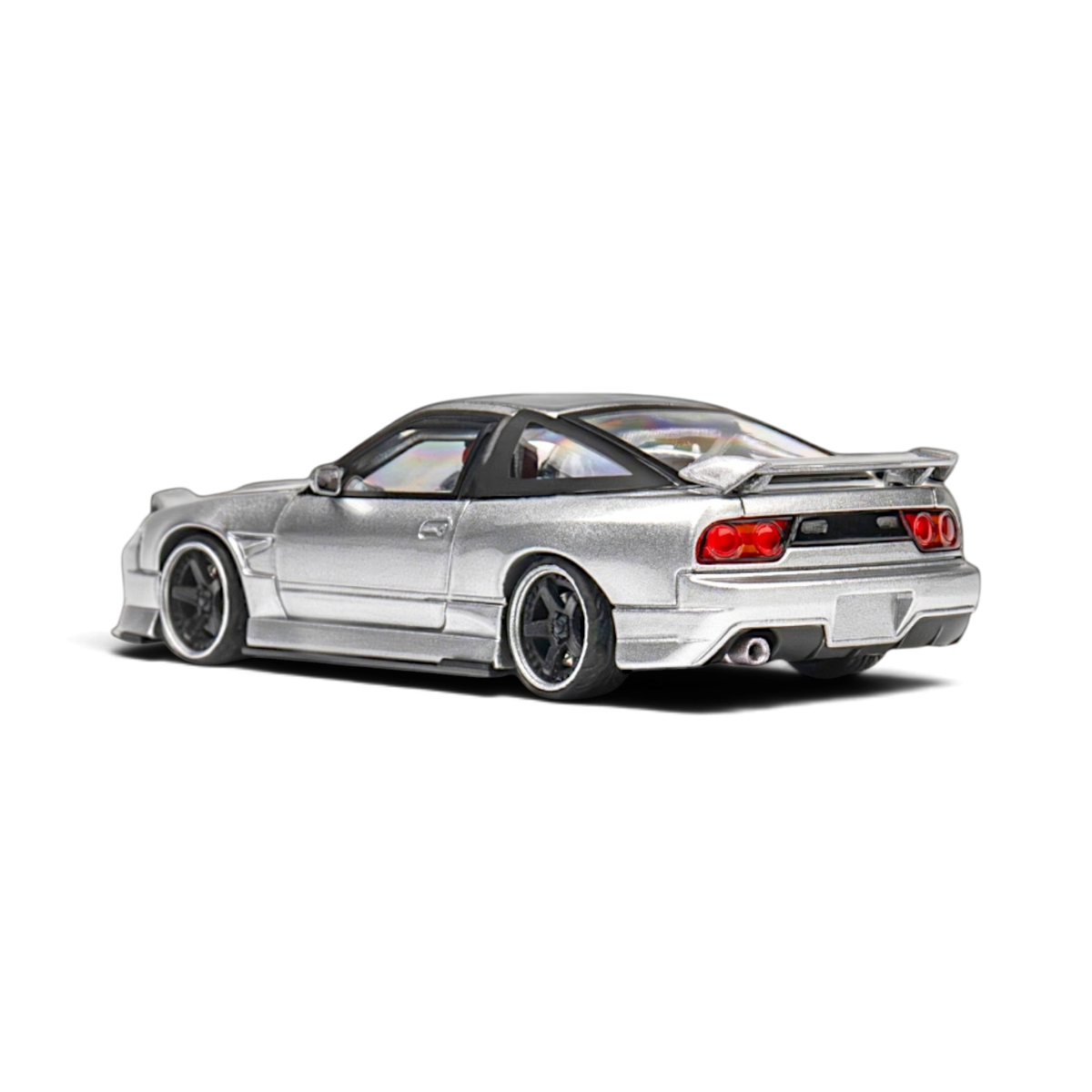 Lot57Supplies Diecast Shop MicroTurbo Nissan 180SX in metallic silver with Rocket Bunny kit and cambered alloy wheels