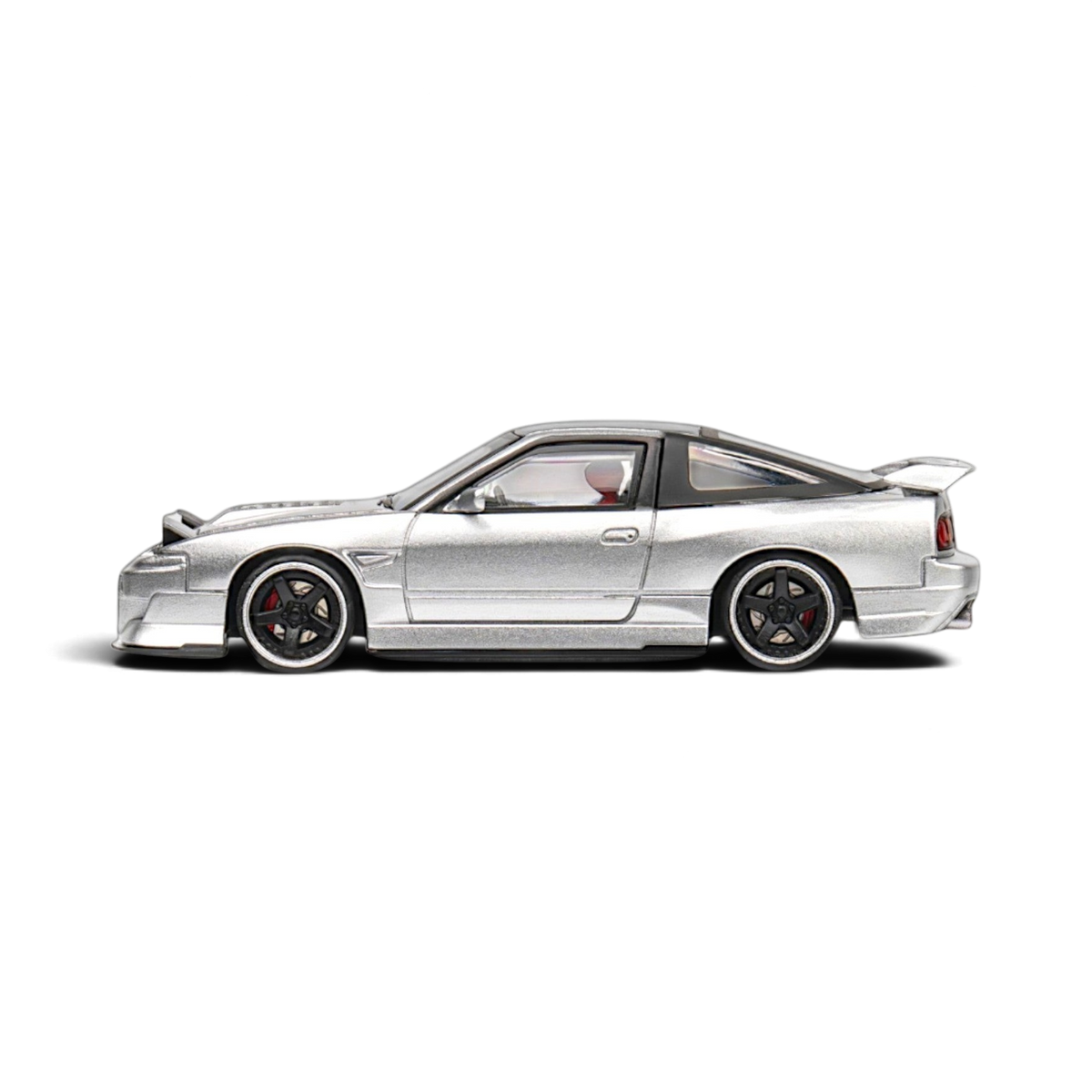 Lot57Supplies Diecast Shop MicroTurbo Nissan 180SX in metallic silver with Rocket Bunny kit and cambered alloy wheels.