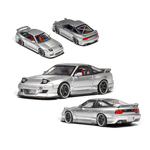 Lot57Supplies Diecast Shop MicroTurbo Nissan 180SX in metallic silver with Rocket Bunny body kit and cambered wheels.
