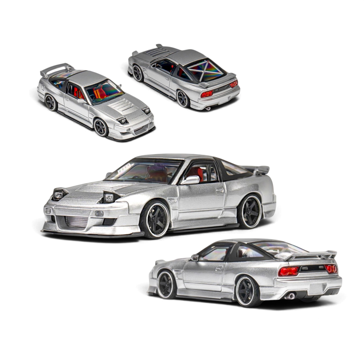 Lot57Supplies Diecast Shop MicroTurbo Nissan 180SX in metallic silver with Rocket Bunny body kit and cambered wheels.