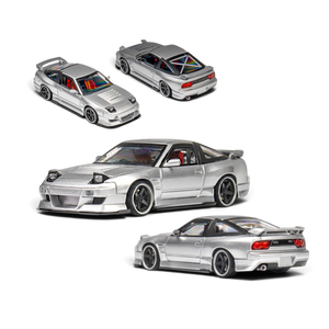 Lot57Supplies Diecast Shop MicroTurbo Nissan 180SX in metallic silver with Rocket Bunny body kit and cambered wheels.