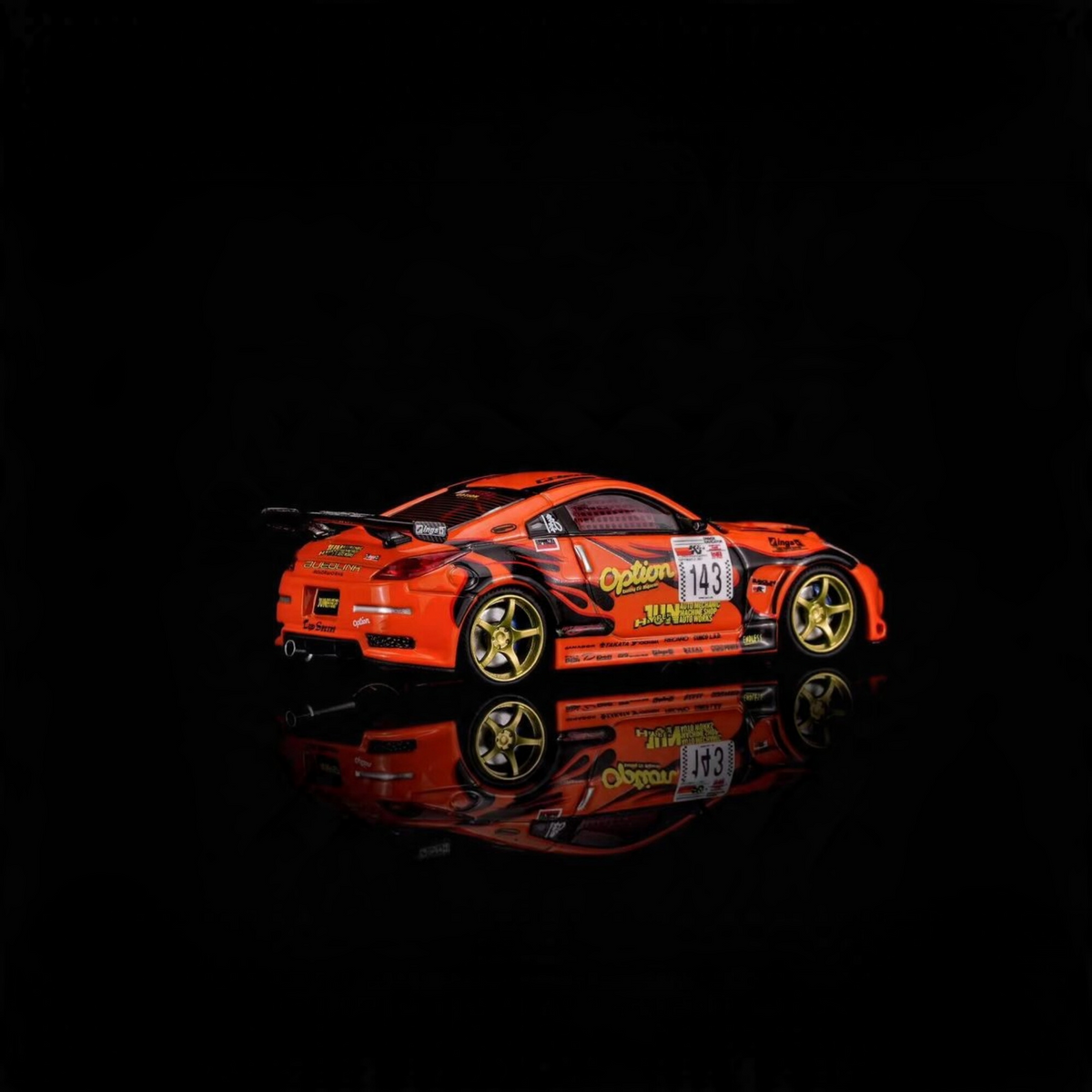 Lot57Supplies Diecast Shop 1:64 scale orange Nissan Fairlady Z Z33 Option Stream Z diecast model car with gold wheels