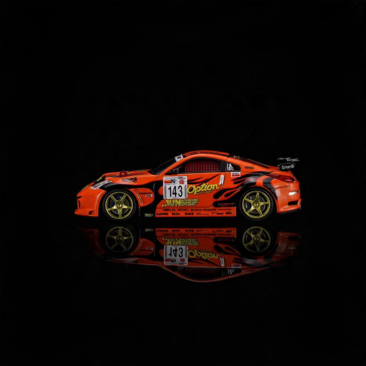 Lot57Supplies Diecast Shop 1:64 scale orange Nissan Fairlady Z Z33 Option Stream Z diecast model car side view