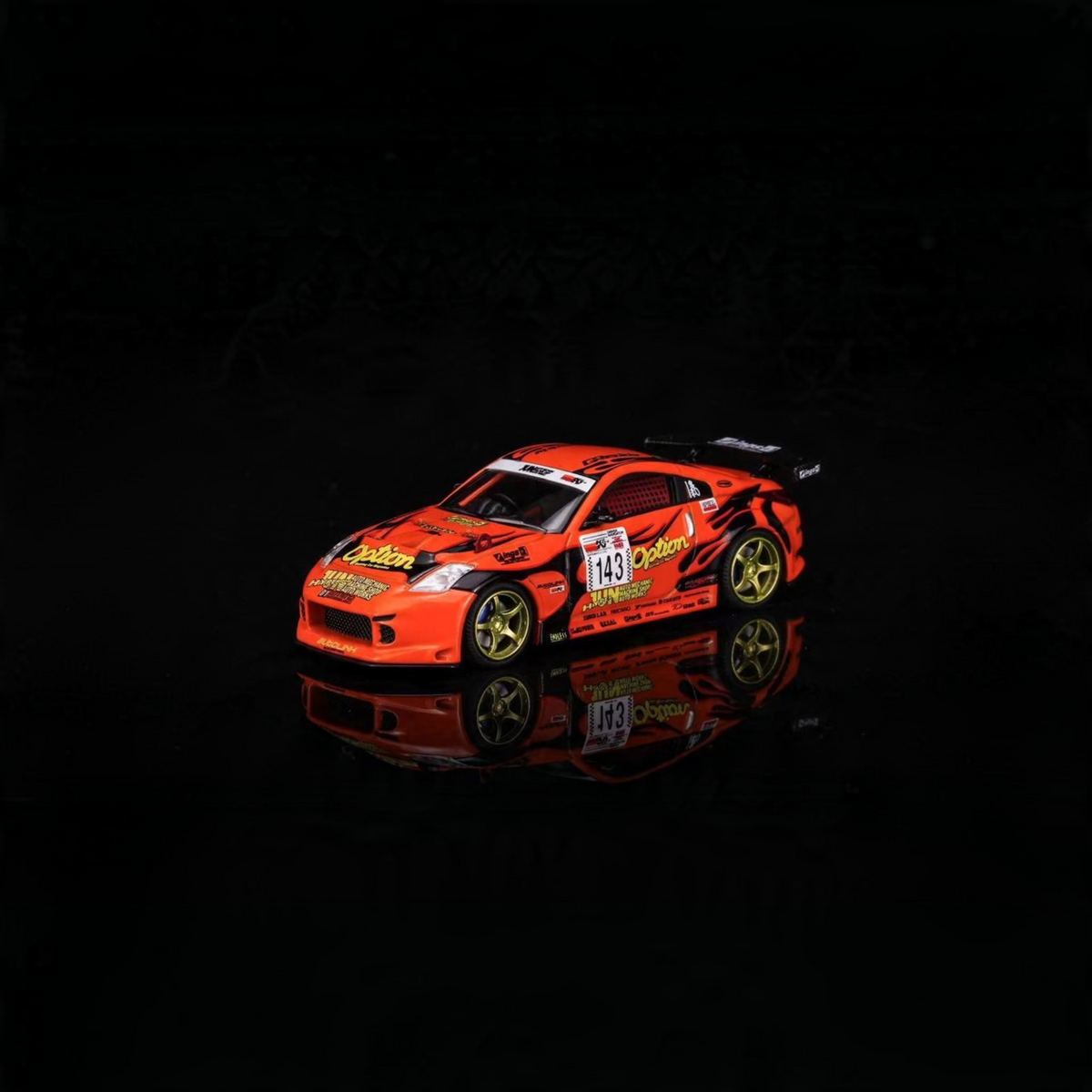 Lot57Supplies Diecast Shop 1:64 scale orange Nissan Fairlady Z Z33 Option Stream Z diecast model car with racing decals