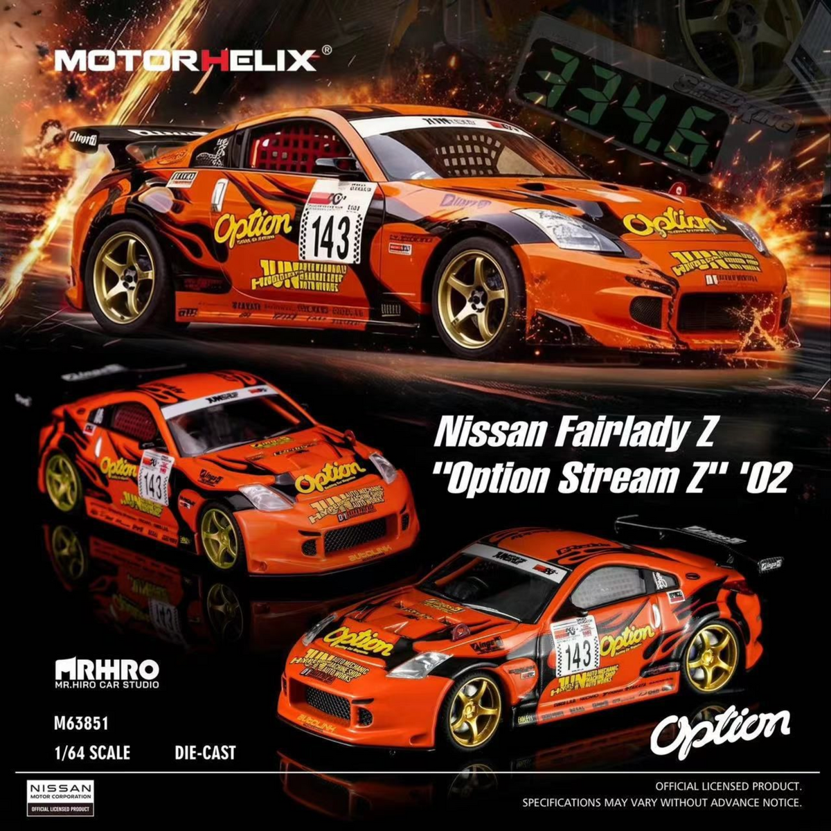 Lot57Supplies Diecast Shop 1:64 scale orange Nissan Fairlady Z Z33 Option Stream Z diecast model with racing decals