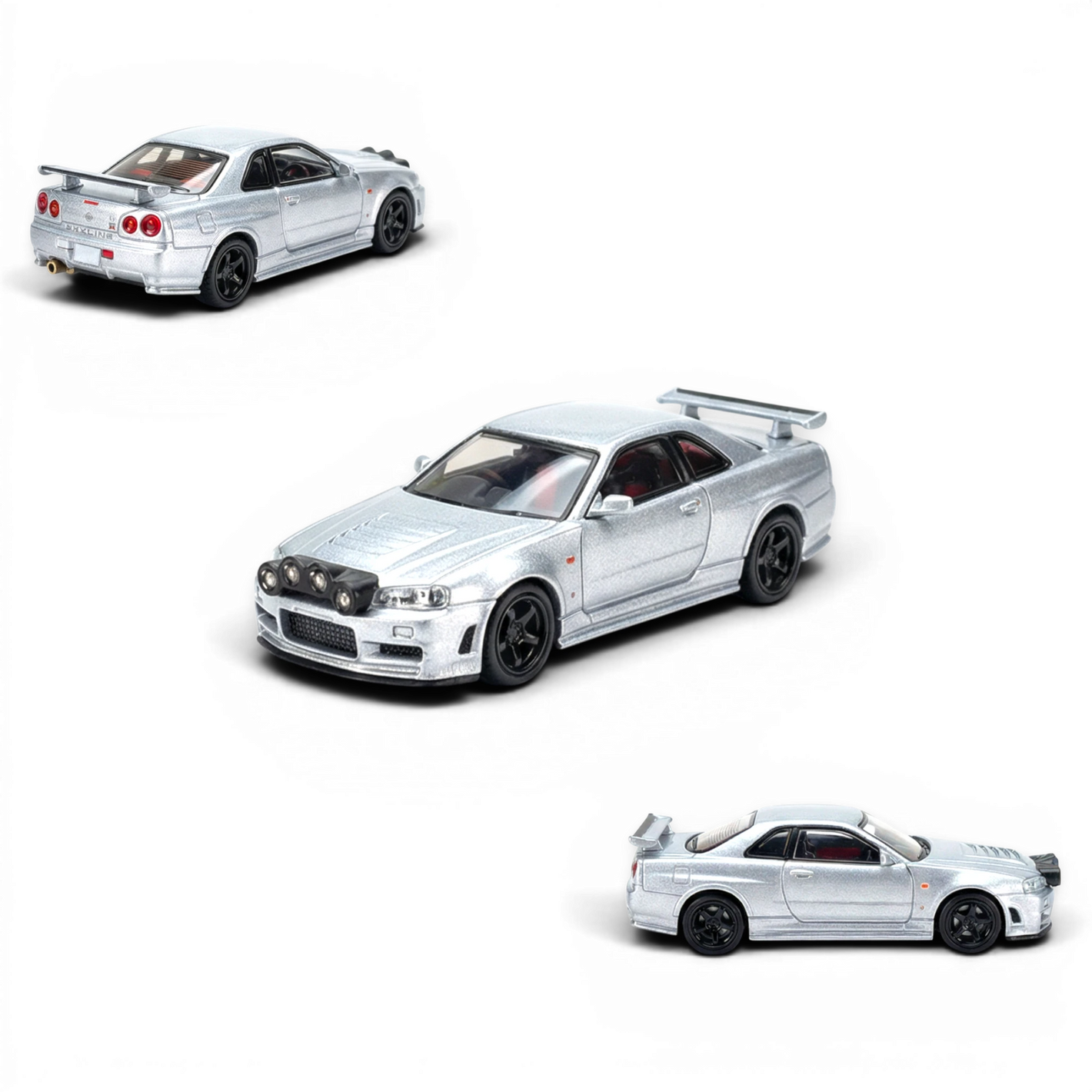 Lot57Supplies Diecast Shop silver 1:64 scale Street Weapon Nissan R34 GT-R model car with front snow lights.