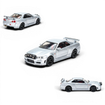 Lot57Supplies Diecast Shop silver 1:64 scale Street Weapon Nissan R34 GT-R model car with front snow lights.