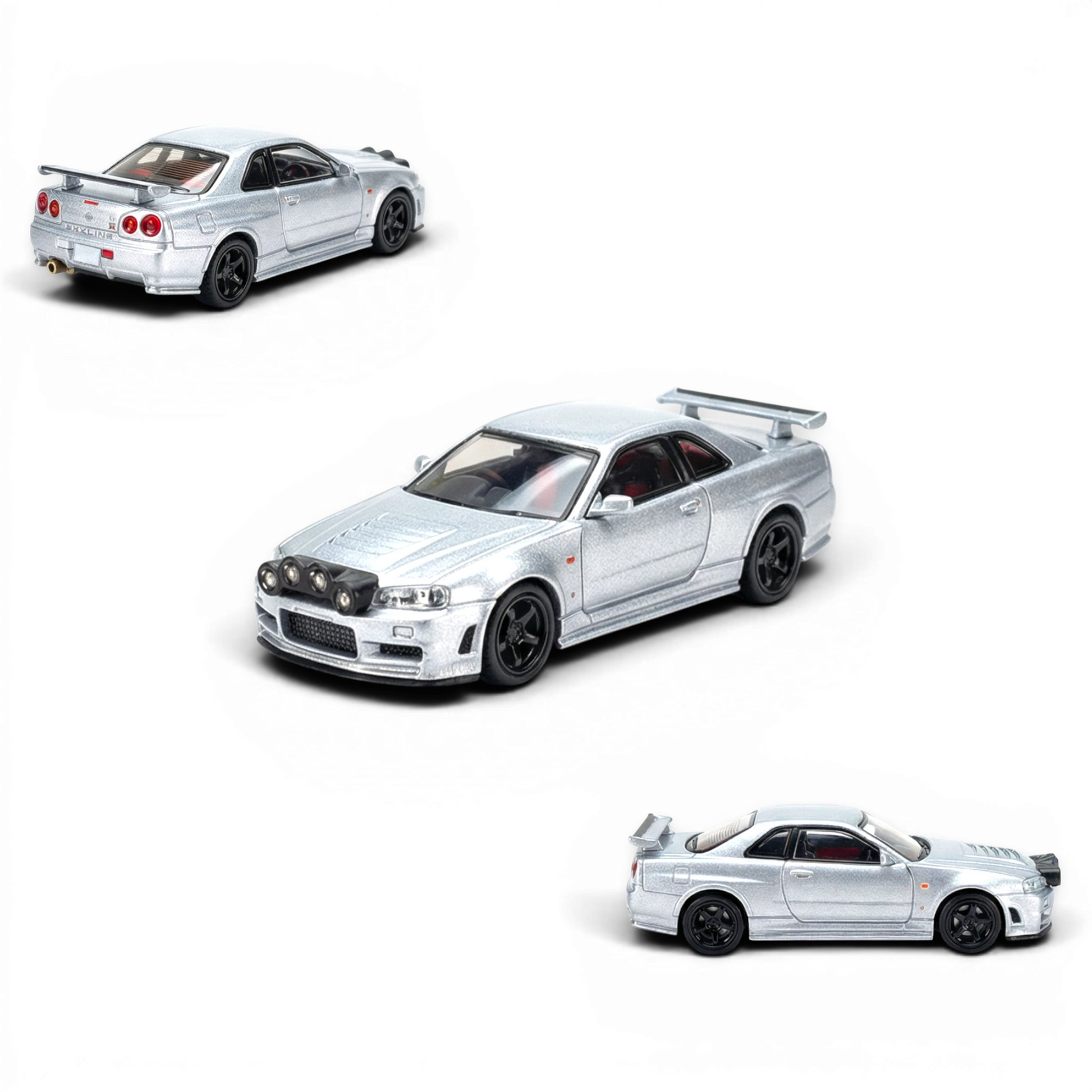 Lot57Supplies Diecast Shop silver 1:64 scale Street Weapon Nissan R34 GT-R model car with front snow lights.