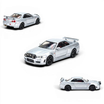 Lot57Supplies Diecast Shop silver 1:64 scale Street Weapon Nissan R34 GT-R model car with front snow lights.