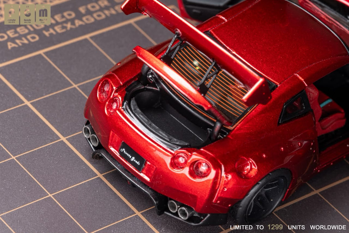 Lot57Supplies Diecast Shop PGM Nissan R35 widebody diecast car in metallic red with open trunk, 1:64 scale model.