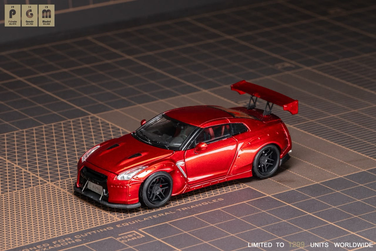 Lot57Supplies Diecast Shop PGM Nissan R35 widebody diecast model car in metallic red with a large rear wing
