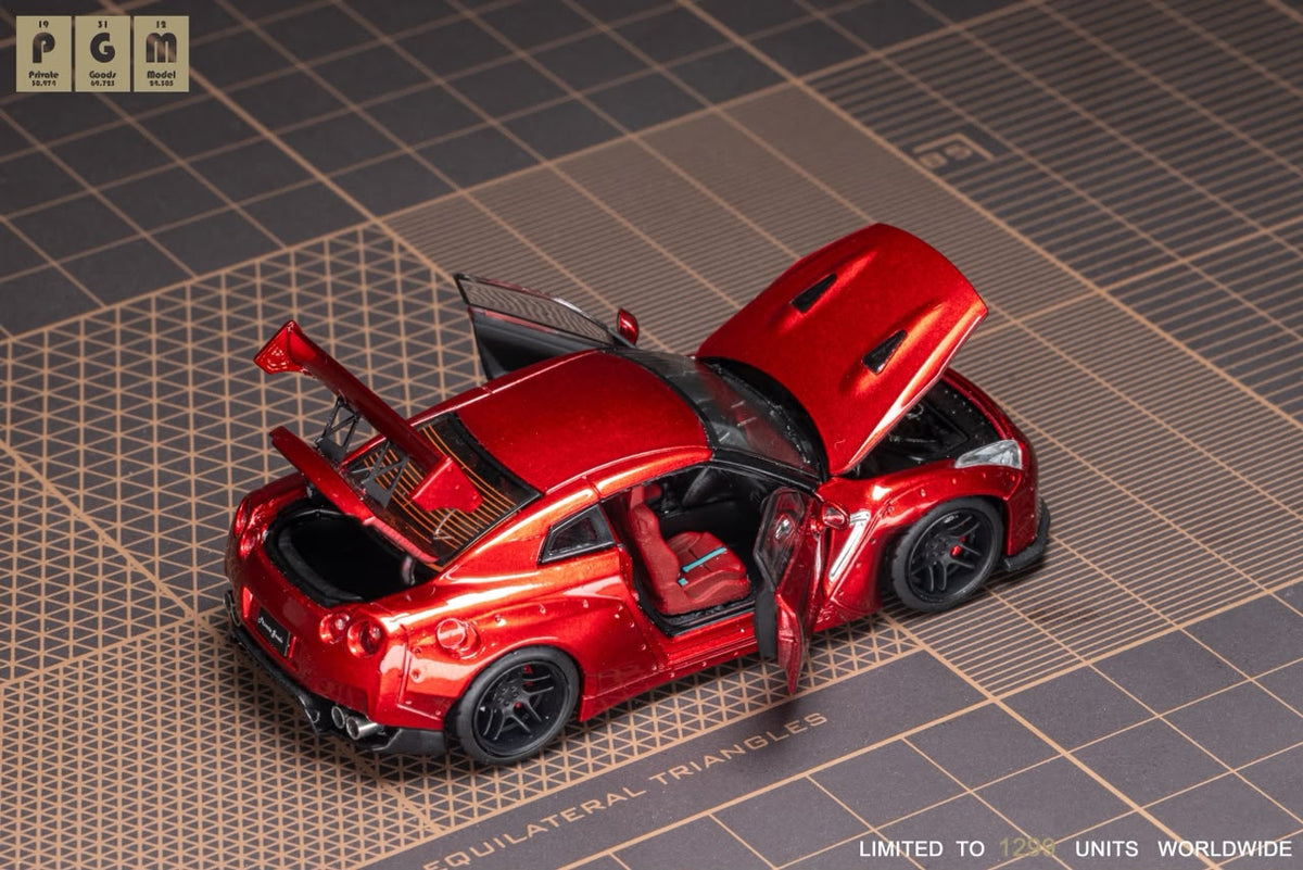 Lot57Supplies Diecast Shop PGM Nissan R35 widebody diecast model in metallic red with opening doors and trunk