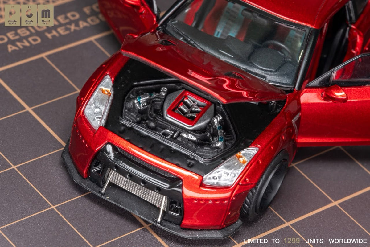 Lot57Supplies Diecast Shop PGM Nissan R35 widebody diecast model in metallic red with open hood and detailed engine