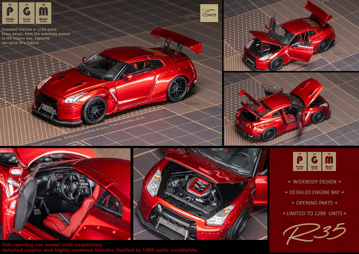 Lot57Supplies Diecast Shop PGM Nissan R35 widebody diecast model in metallic red with opening parts and detailed engine