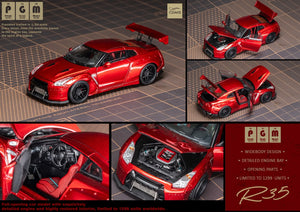 Lot57Supplies Diecast Shop PGM Nissan R35 widebody diecast model in metallic red with opening parts and detailed engine
