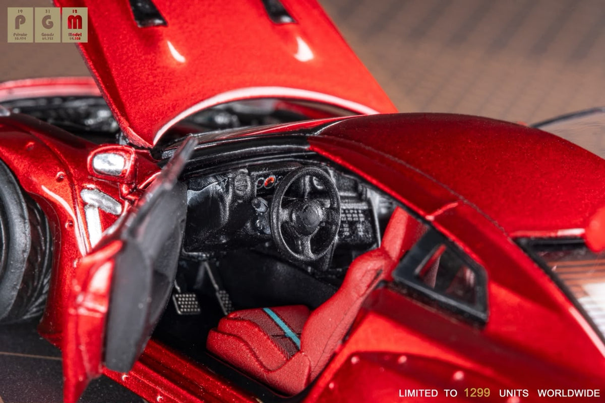 Lot57Supplies Diecast Shop 1:64 scale metallic red Nissan R35 widebody diecast model car interior detail