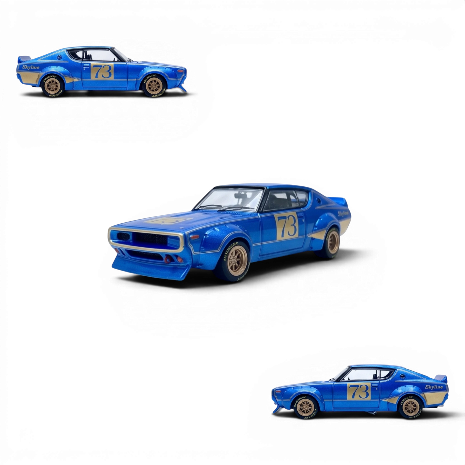 Lot57Supplies Diecast Shop Inno64 Nissan Skyline 2000 GT-R KPGC10 racing concept diecast car in blue with gold accents.