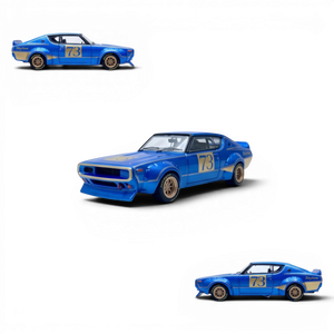 Lot57Supplies Diecast Shop Inno64 Nissan Skyline 2000 GT-R KPGC10 racing concept diecast car in blue with gold accents.