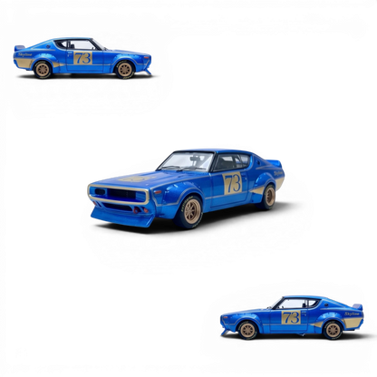 Lot57Supplies Diecast Shop Inno64 Nissan Skyline 2000 GT-R KPGC10 racing concept diecast car in blue with gold accents.