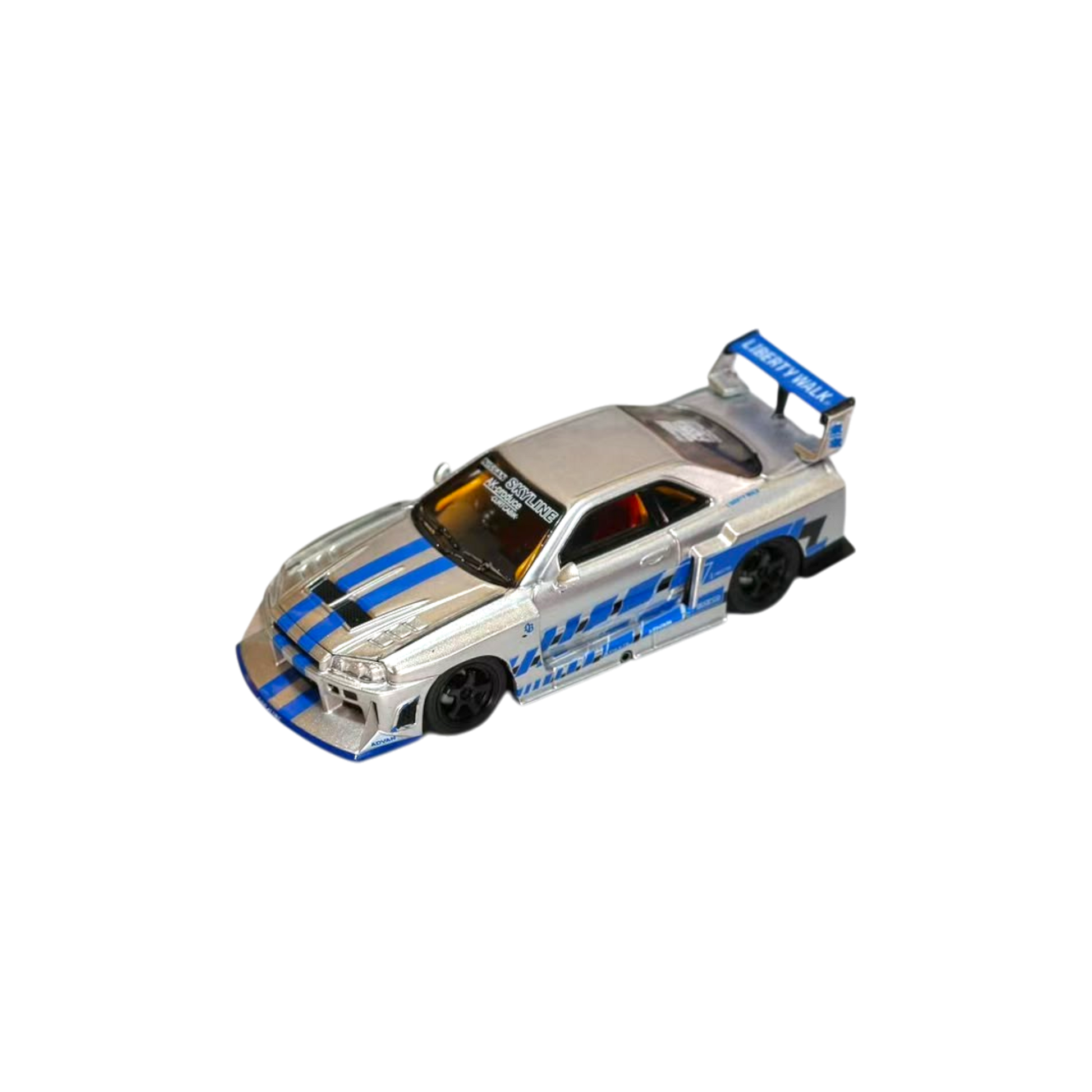 Nitro Blaze 1:64 scale diecast Nissan Skyline ER34 LB-Super Silhouette in silver with blue racing stripes and decals.