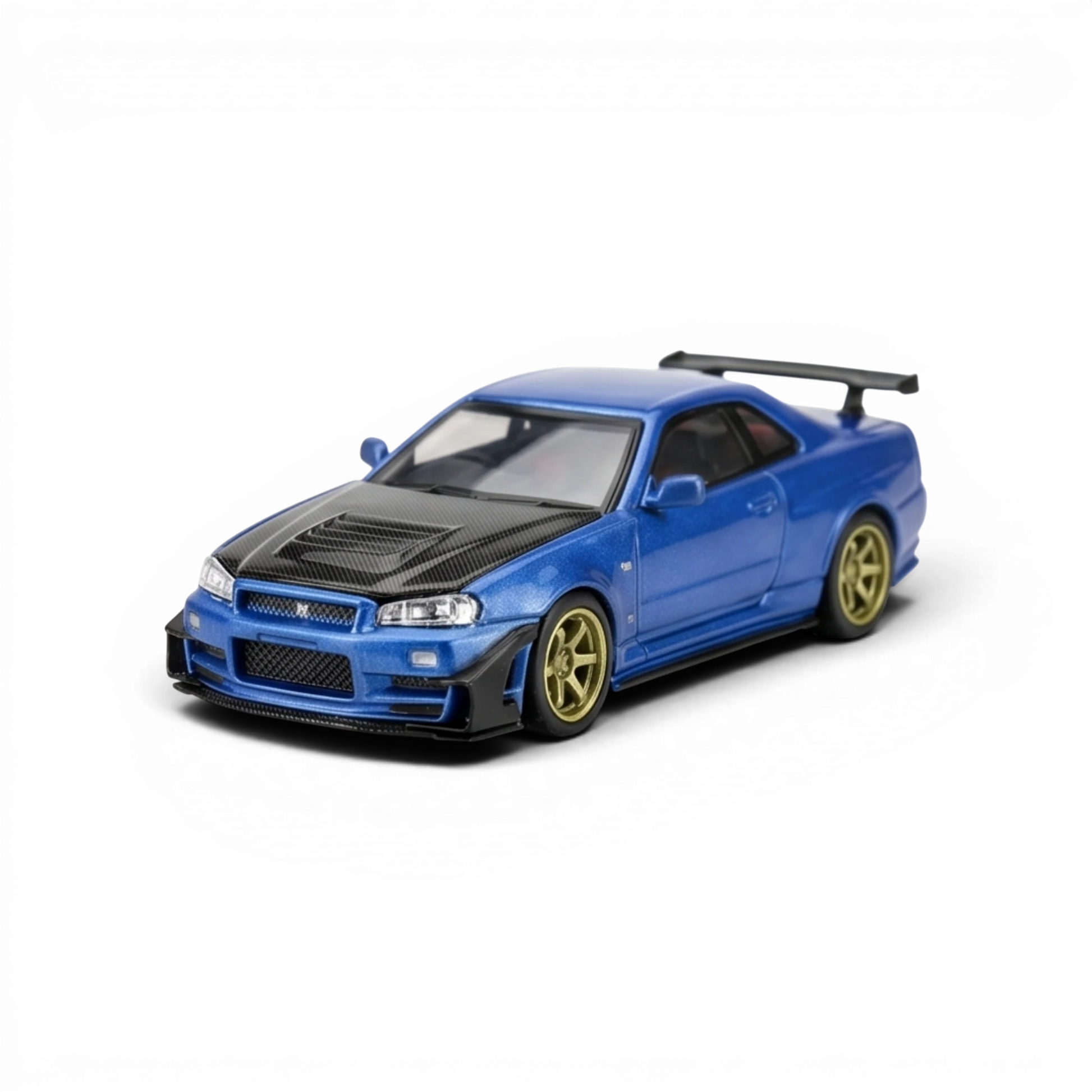MOTORHELIX Nissan Skyline GT-R R34 Customized, 1:64 scale diecast model in Bayside Blue with GT aero kit and carbon fiber hood.
