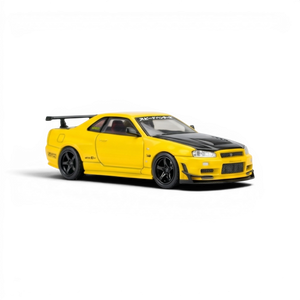 Lot57Supplies Diecast Shop: MOTORHELIX 1:64 scale yellow Nissan Skyline GT-R R34 with GT aero kit and carbon fiber hood.