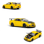 Lot57Supplies Diecast Shop lightning yellow 1:64 scale Nissan Skyline GT-R R34 customized diecast model with GT aero kit and black hood.