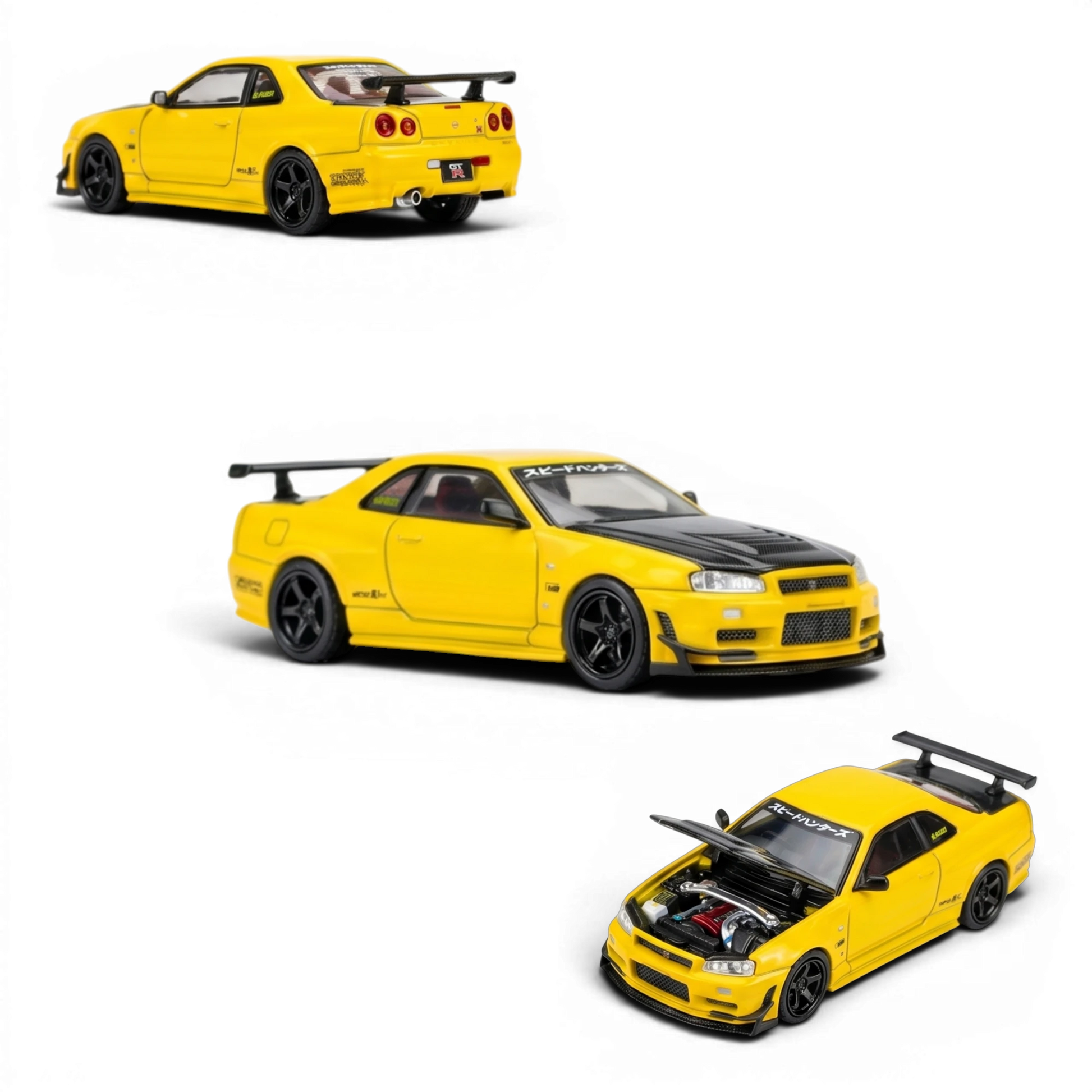Lot57Supplies Diecast Shop lightning yellow 1:64 scale Nissan Skyline GT-R R34 customized diecast model with GT aero kit and black hood.