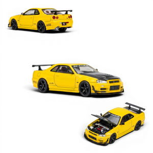 Lot57Supplies Diecast Shop lightning yellow 1:64 scale Nissan Skyline GT-R R34 customized diecast model with GT aero kit and black hood.