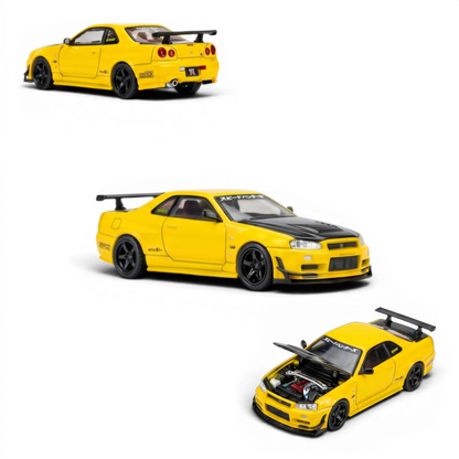 Lot57Supplies Diecast Shop lightning yellow 1:64 scale Nissan Skyline GT-R R34 customized diecast model with GT aero kit and black hood.