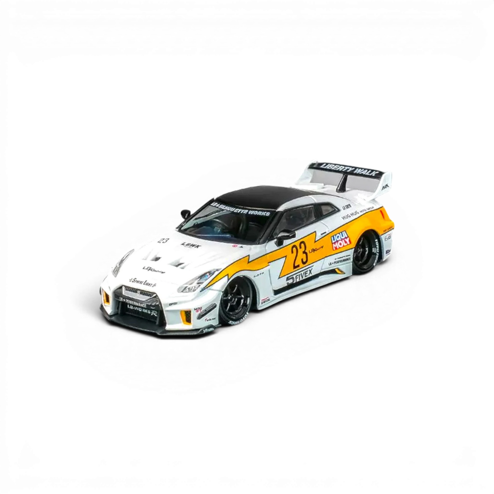 Lot57Supplies Diecast Shop CM Model 1:64 Nissan Skyline GT-R R35RR LBWK diecast car in white and yellow racing livery.