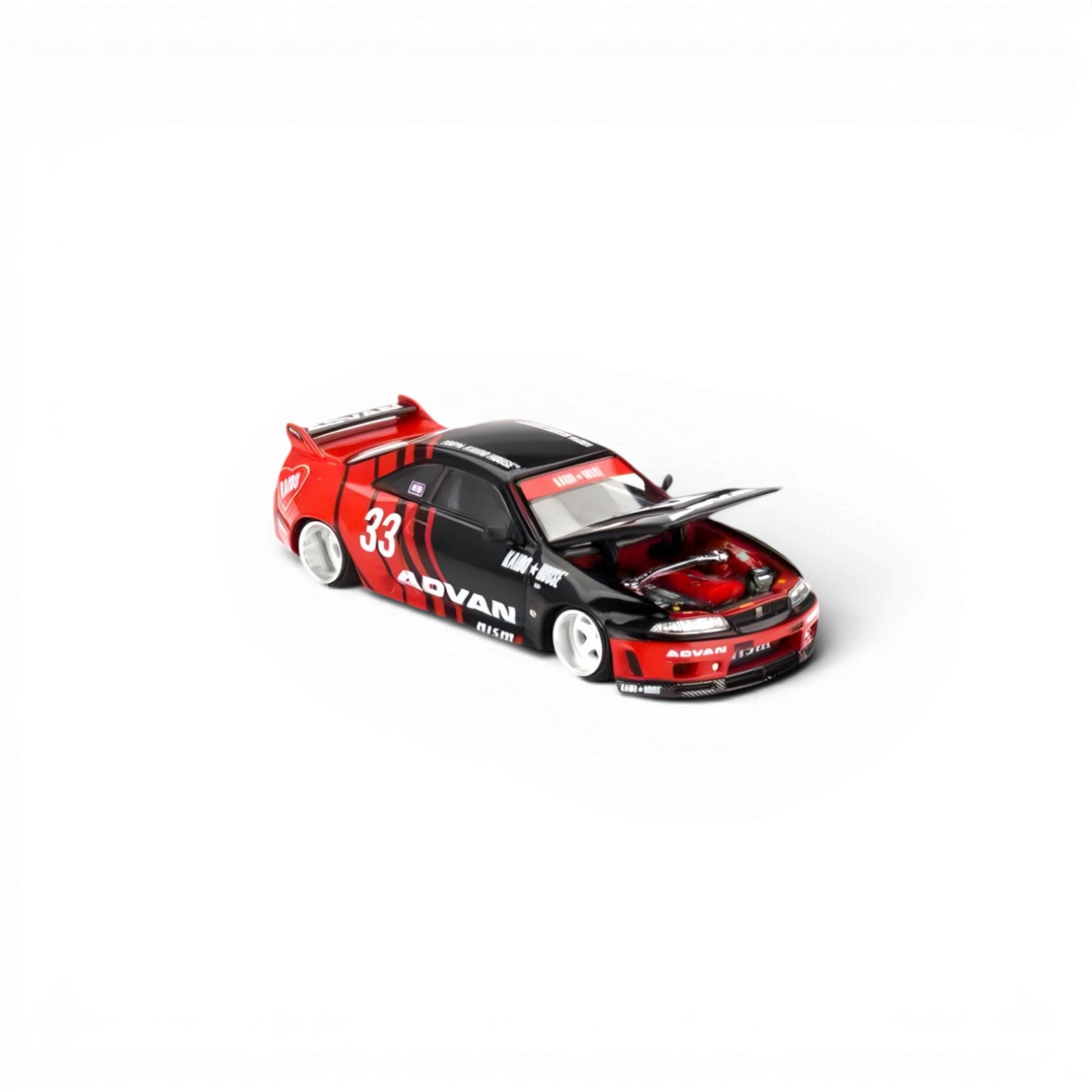 Lot57Supplies Diecast Shop: 1:64 scale red and black Nissan Skyline GT-R R33 diecast model with ADVAN livery and open hood.