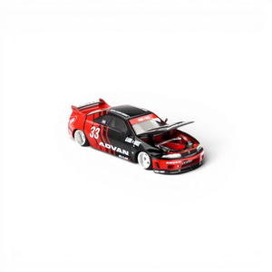 Lot57Supplies Diecast Shop: 1:64 scale red and black Nissan Skyline GT-R R33 diecast model with ADVAN livery and open hood.
