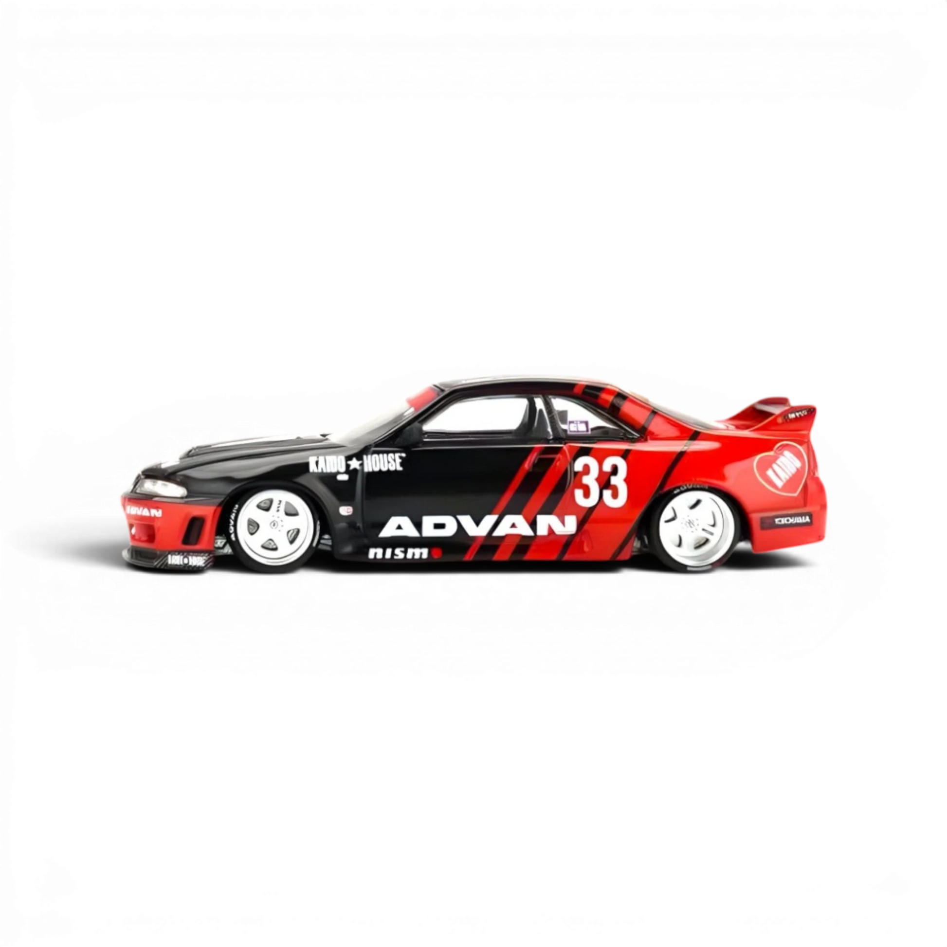 Lot57Supplies Diecast Shop: 1:64 scale red and black diecast Nissan Skyline GT-R R33 with ADVAN livery and number 33.