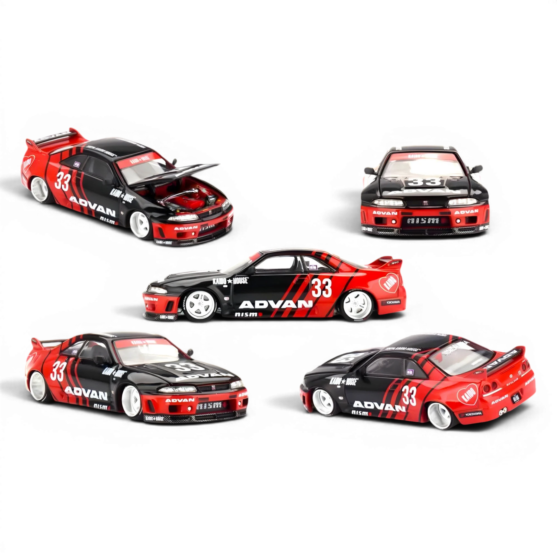 Lot57Supplies Diecast Shop Nissan Skyline GT-R R33 diecast model car, black and red with ADVAN livery and number 33.