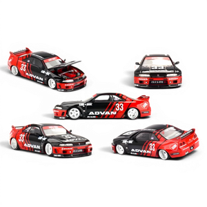 Lot57Supplies Diecast Shop Nissan Skyline GT-R R33 diecast model car, black and red with ADVAN livery and number 33.
